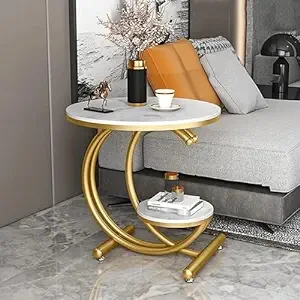 Device  BROWN ART SHOPPEE Farmhouse Accent Coffee Table Simple Modern Bedside Cabinet Small Round Table MDF Top Metal Table Living Room Sofa-Golden/White