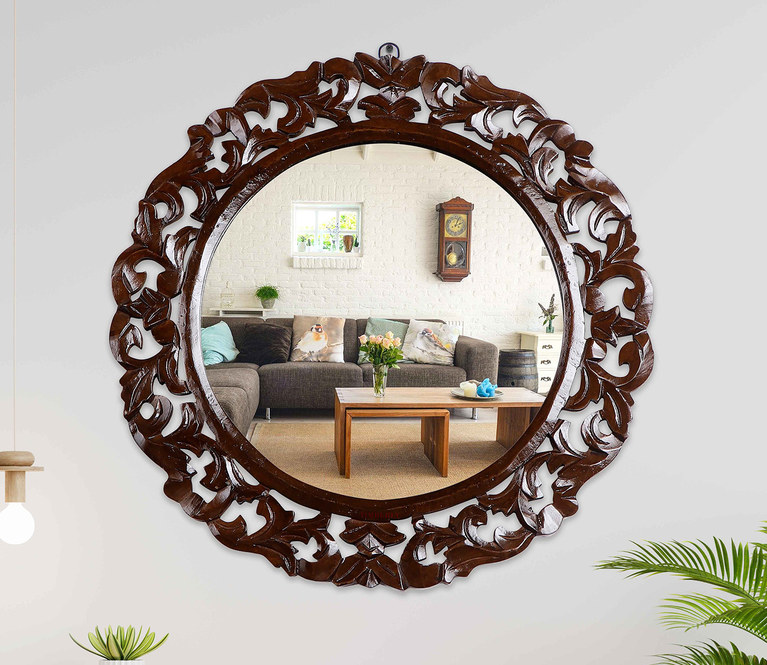 Brown Hand Crafted Wooden Round Wall Mirror