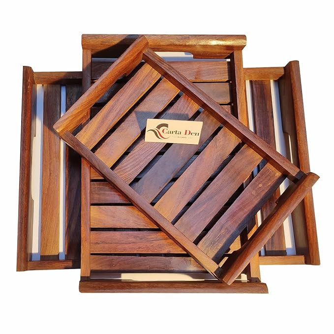 CARTADEN Wooden Serving Trays Large Medium And Small, Nesting Multipurpose Trays - For Breakfast, Coffee Table/Butter & More (Cutout Handle Tray, Set of 3) Rectangular