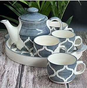 Earthystone Hand Painted Kitchenware Ceramic Tea Kettle Set | Morning Tea Set | 1 Kettle(600ML) | 1 Tray | Tea Cup 4 Piece (180ML)| Mirowave Safe (Grey)
